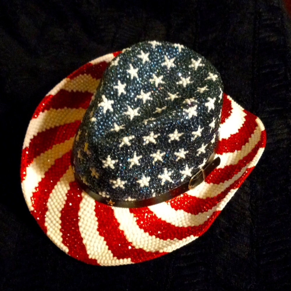 Unisex Straw hat with shape it brim Rhinestoned Red White &BLUE cowboy hat